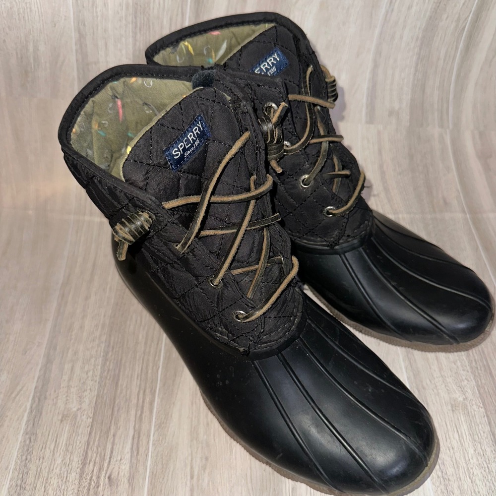 Sperry Top Sider Women Drk Brn Quilted Rubber Duck Boots Side Zip Lace Up Sz 10